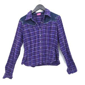 BCBG Girls Purple Denim PLaid Skull Button Long Sleeve Flannel Size M